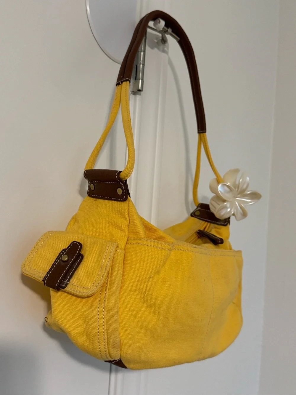 Yellow Canvas Shoulder Bag with Brown Handle
